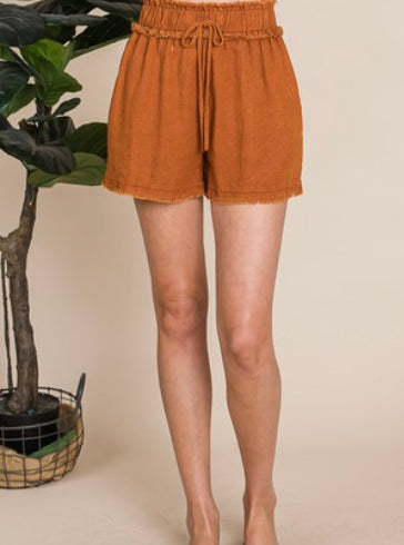 Cognac Draw String Shorts with Raw Hem