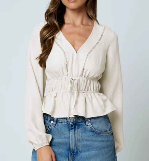 CREAM LADDER LACE TRIM V NECK LONG SLEEVE RUFFLE HEM TOP