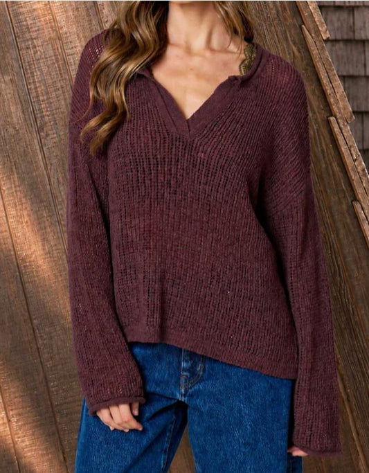 BURGUNDY RAW EDGE SPLIT NECK LONG SLEEVE SHEER KNIT SWEATER