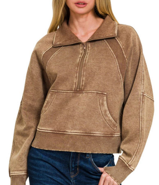 Mocha Acid Washed Half Zip Pullover