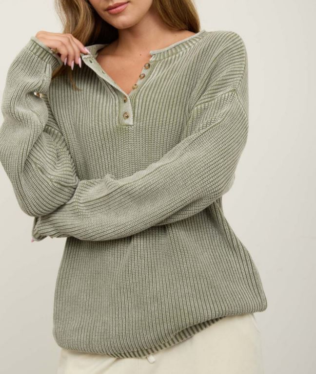 OLIVE WASHED RIBBED HENLEY DROP SHOULDER KNIT SWEATER