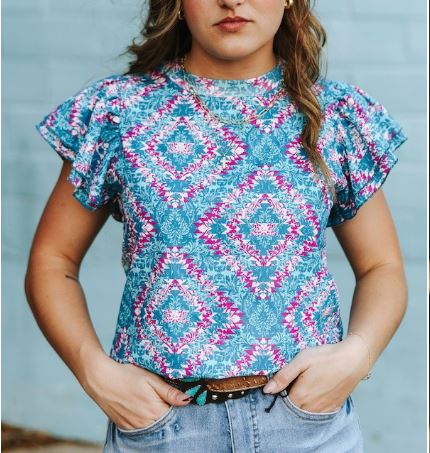 Pink & Blue Aztec Contrast Printed Double Flutter Short Sleeve Top
