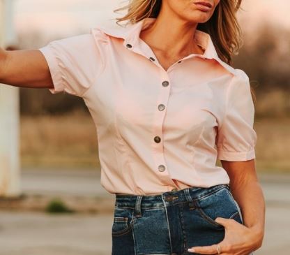 Soft Pink Concho Button Down Puff Short Sleeve Shirt