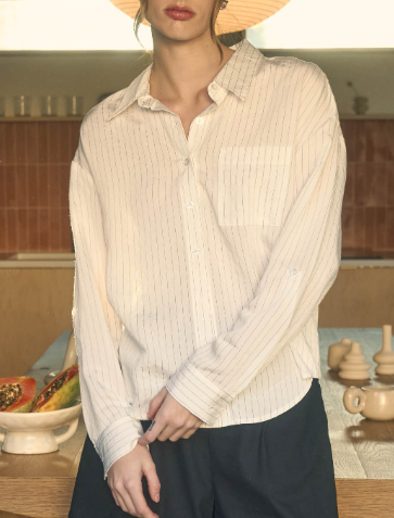 Ivory Pinstripe Collared Long Sleeve Button Down Shirt