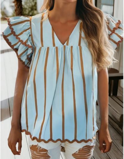 Blue & Brown Stripe Double Ruffle Blouse