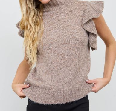 Taupe Ruffle Sleeve Mock Neck Ribbed Sweater