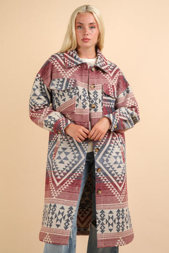 Long Wine Aztec Shacket