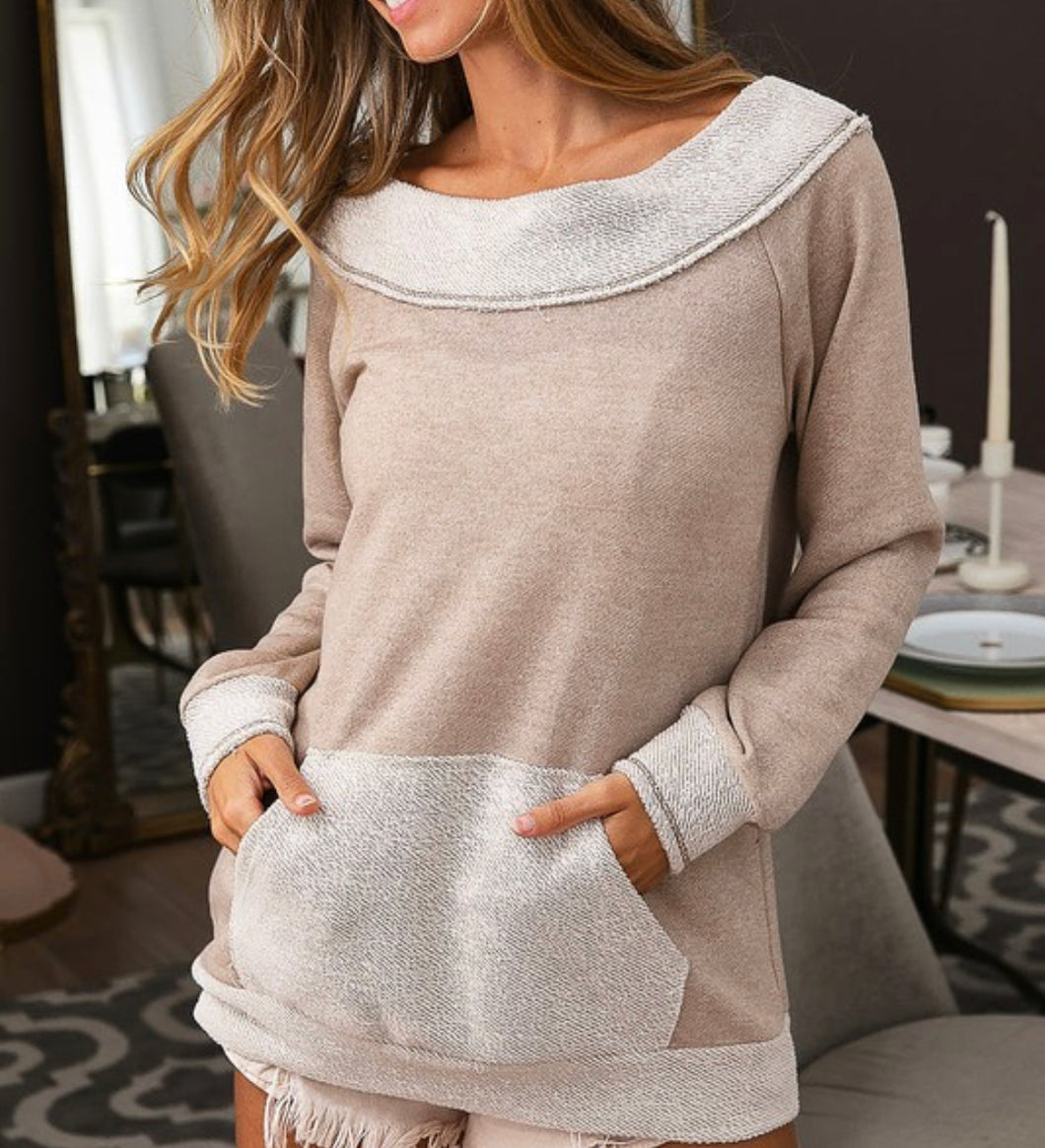 Distressed Two Tone Oatmeal Front Pocket Top