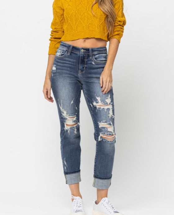 Judy Blue Mid Rise Cuffed Destroyed Denim