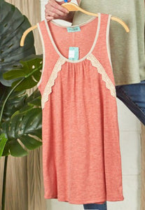 Coral Solid Knit Tank with Lace Trim