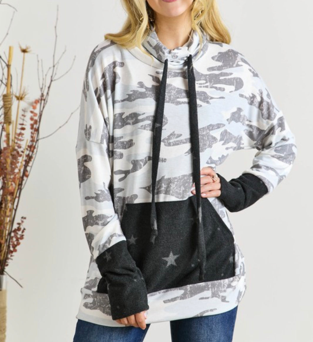 Grey Camo Cowlneck with Star Pocket and Cuffs