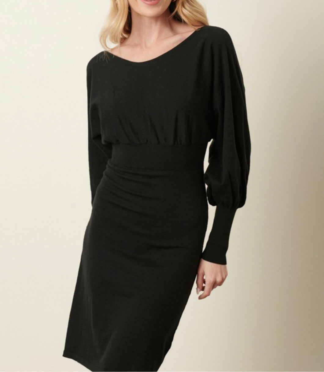 Black Sweater Dress with Boatneck and Dolman Balloon Sleeves