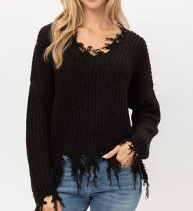 Black V- Neck Distressed Sweater