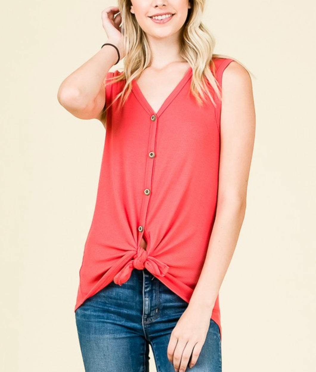 Coral Sleeveless Button up Top w/ Front Tie
