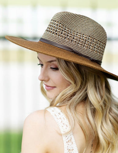 Brown Panama Hat with Leather Trim