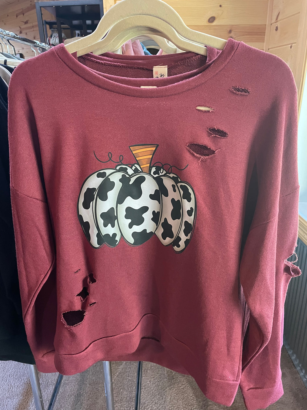 Cow Print Pumpkin Distressed Sweatshirt