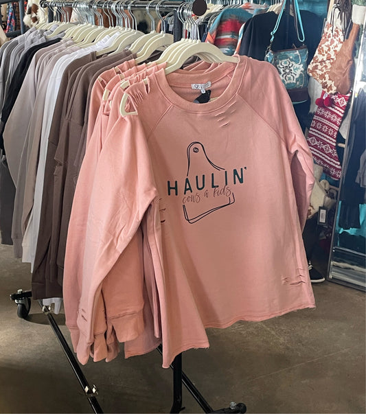 SALE Haulin' Kids and Cows Pink Distressed Sweatshirt