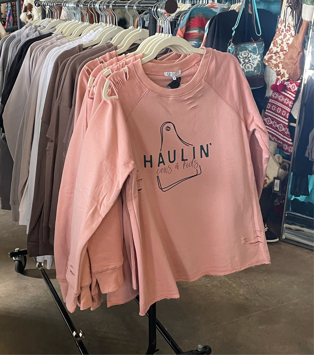 Haulin' Kids and Cows Pink Distressed Sweatshirt