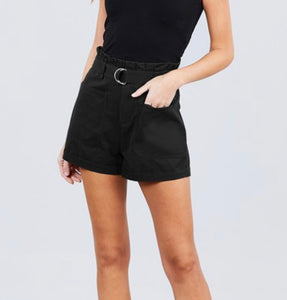 Black Paper Bag Shorts with Buckle